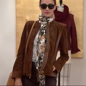 Isaac Mizrahi Suede Jacket w/ Lamb Leather Quilted Details Saddle Brown SZ 14